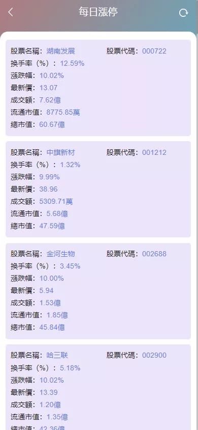 香港股票系统 - 每日涨停列表