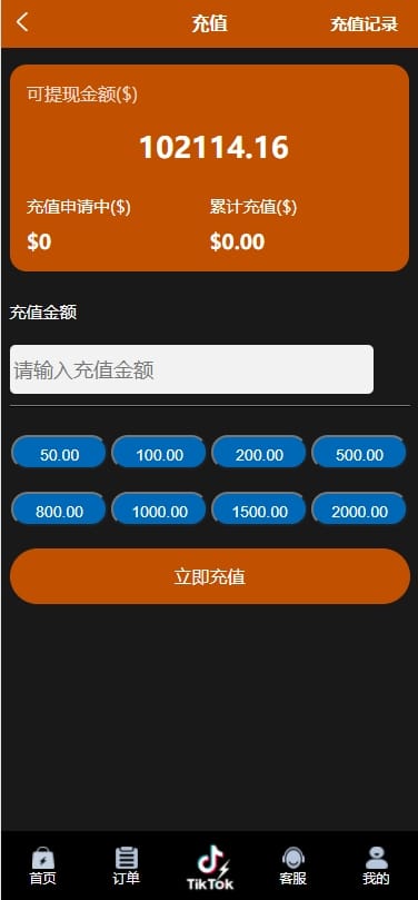 TikTok抢单系统 - 充值页面
