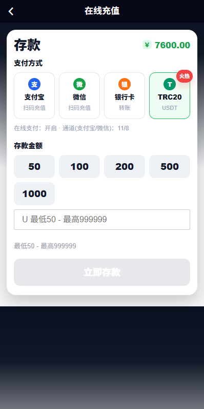 新UI海外彩票系统 - 在线充值页面（支付宝/微信/USDT）