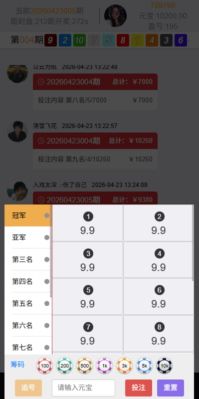 新UI海外彩票系统 - 投注选择面板（名次与号码赔率）